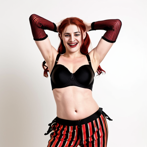 90's disney's 2d aladdin style comic black background and panels of 
panel 1 Harley Quinn with light black and red striped harem pants and bra and black and red curved slippers with both hand palms place together and hiding the bottom of her mouth with a light black and red striped veil wrapped around her arms and shoulders. 
panel 2 she danced with light black and red striped harem pants with light black and red striped bra and red and black curved slippers and with light black and red striped veil wrapped around her arms and shoulders and raising legs and bounced up and down her belly and shook her hips left and right. 
panel 3 as Harley Quinn with light black and red striped harem pants and bra and red and black curved slippers and with red and light black striped veil wrapped around her shoulders and arms and spreading her arms, happily revealing her face to the viewer and giving a smile as she shook her belly left and right. 
Panel 4 Harley Quinn with light black and red striped harem pants and bra and black and red curved slippers and with light black and red striped veil wrapped around her shoulders and arms has started to fading away , except her belly, which is bouncing around and growing. 
Panel 5 then the ball transforms into the fading in belly of Giant red haired giganta barefoot with dark yellow spotted yellow harem pants and bra and dark yellow spotted yellow veil wrapped around her arms and shoulders with her swaying her hips. 
Panel 6 red haired giganta barefoot with dark yellow spotted yellow harem pants and bra and dark yellow spotted yellow veil wrapped around her arms and shoulders then she is flexing her muscled arms.