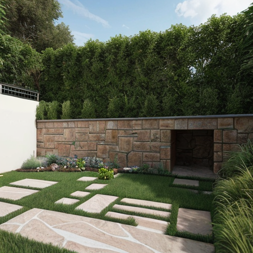 Realistic natural garden, excavator removed.
Green lawn in the center.
Low natural sandstone wall about 50 cm high along the top and right side.
Dense shrubs between wall and fence for privacy.
