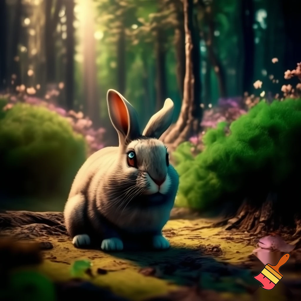 "Cartoon style illustration of a small, sad rabbit sitting alone on the forest floor with teary eyes, looking lonely and scared. A vibrant, colorful forest background with trees, sunlight filtering through leaves, flowers, and bushes. Make it emotional and storybook-like, rabbit is the same character as in following scenes, no fox yet."