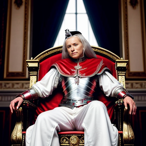 Tall, white-haired Queen of Poland in armor sitting on a throne