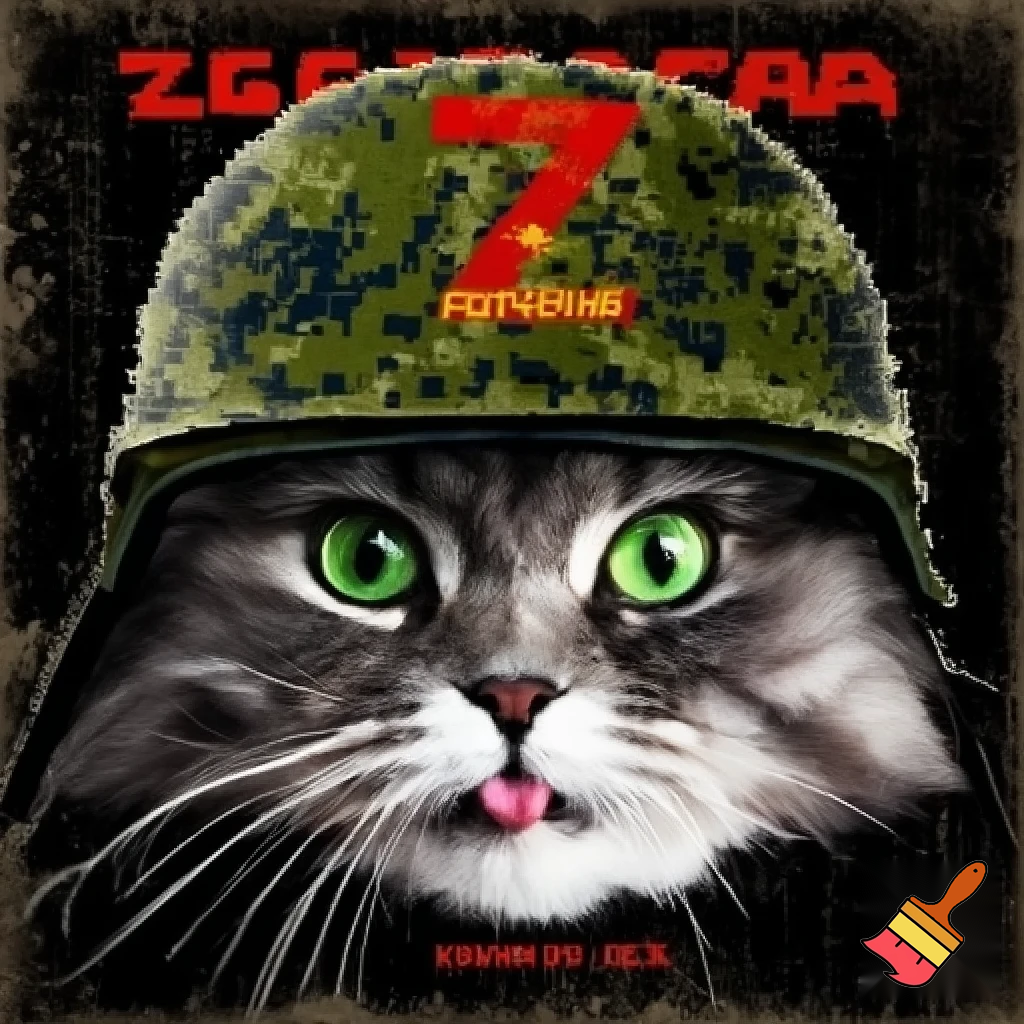 A hyper-realistic close-up portrait of a fluffy gray Siberian cat with bright green eyes, sticking its tongue out playfully. The cat is wearing a digital pixelated camouflage military helmet. The style is a Soviet-era military or socialist realism, with bold stylized graphics, high contrast, and a limited color palette of olive green, black, red, and white. In the background, bold Cyrillic text in red and white: at the top "БООРУЖЕННЫЕ СИЛЫ РОССИИ" (Armed Forces of Russia) and at the bottom "KAMAZ". The letter "Z" is prominently displayed on the side of the helmet or in the background. The image has a slightly grainy, vintage print texture. The mood is ironic and humorous, mixing cuteness with military aesthetics. --style raw --ar 2:3