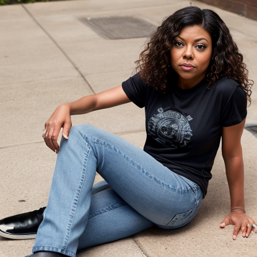Taraji P. Henson long brown curly hair black t-shirt under t-shirt and blue jeans black pickle toes shoes out 