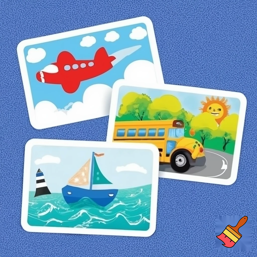 Create 3 different flashcards for senior kindergarten children on the following topics
1 air transport
1 land transport
1 water transport 
