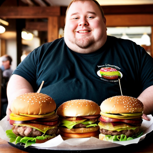 fat guy eating loads of burgers