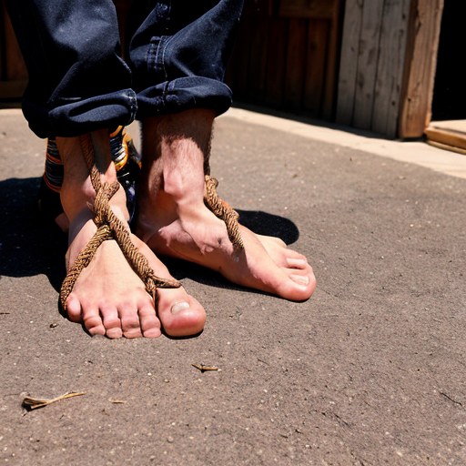 A 22-year-old Turkish boy with chubby build is lying on his back on dry asphalt. His legs are raised high vertically toward the sky. A long thick wooden rod is placed horizontally under his bare ankles, and his ankles are tightly bound to the rod with rough rope twisted around the wood and ankles. Two men from the sides holding the wood rod up.

The camera is positioned a few meters away at a slightly elevated angle, looking down at the scene. The soles of his bare feet are clearly facing toward the camera, fully visible and prominent. One of the men is holding a long thin whip. 

The boy is fully clothed and have school uniform on except for his bare feet. His face shows pain and crying. Harsh natural daylight with strong sunlight and hard shadows, dusty atmosphere, gritty realism. Clear view of the school courtyard. Highly detailed realistic foot soles facing the camera, natural skin texture and dirt on feet, 8k photorealistic, documentary photography. Very important: make sure there is only one wooden rod and one pair of feet. Make sure the men are holding the wooden rod up under the boy's ankles. Make sure the feet are correctly tied to the wood up high without any space between. Make sure the feet are paired and completely close together. Make sure in behind there are lines of school boys and a school principle with a microphone.