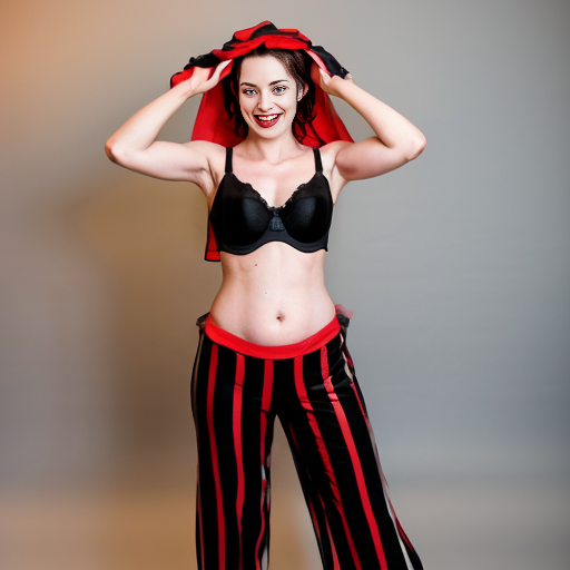 90's disney's 2d aladdin style comic black background and panels of panel 1 Harley Quinn with light black and red striped harem pants and bra and black and red curved slippers with both hand palms place together and hiding the bottom of her mouth with a light black and red striped veil wrapped around her arms and shoulders. 
panel 2 she danced with light black and red striped harem pants with light black and red striped bra and red and black curved slippers and with light black and red striped veil wrapped around her arms and shoulders and raising legs and bounced up and down her belly and shook her hips left and right. 
panel 3 as Harley Quinn with light black and red striped harem pants and bra and red and black curved slippers and with red and light black striped veil wrapped around her shoulders and arms and spreading her arms, happily revealing her face to the viewer and giving a smile as she shook her belly left and right. 
Panel 4 Harley Quinn with light black and red striped harem pants and bra and black and red curved slippers and with light black and red striped veil wrapped around her shoulders and arms has started to fading away , except her belly, which is bouncing around and growing. 
Panel 5 then the ball transforms into the fading in belly of red haired giganta barefoot with dark yellow spotted yellow harem pants and bra and dark yellow spotted yellow veil wrapped around her arms and shoulders with her swaying her hips. 
Panel 6 red haired giganta barefoot with dark yellow spotted yellow harem pants and bra and dark yellow veil wrapped around her arms and shoulders flexing her arms.