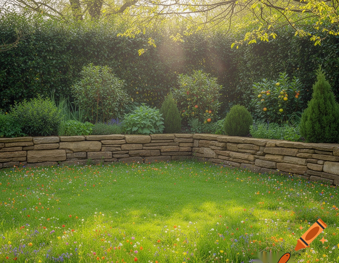 Realistic natural garden, excavator removed.
Green lawn in the center.
Low natural sandstone wall about 50 cm high along the top and right side.
Dense shrubs between wall and fence for privacy.
Herbs, fruit plants, and evergreen edible shrubs like juniper.
Natural, slightly wild but well maintained garden.
Spring or early summer, natural light, photographic style.