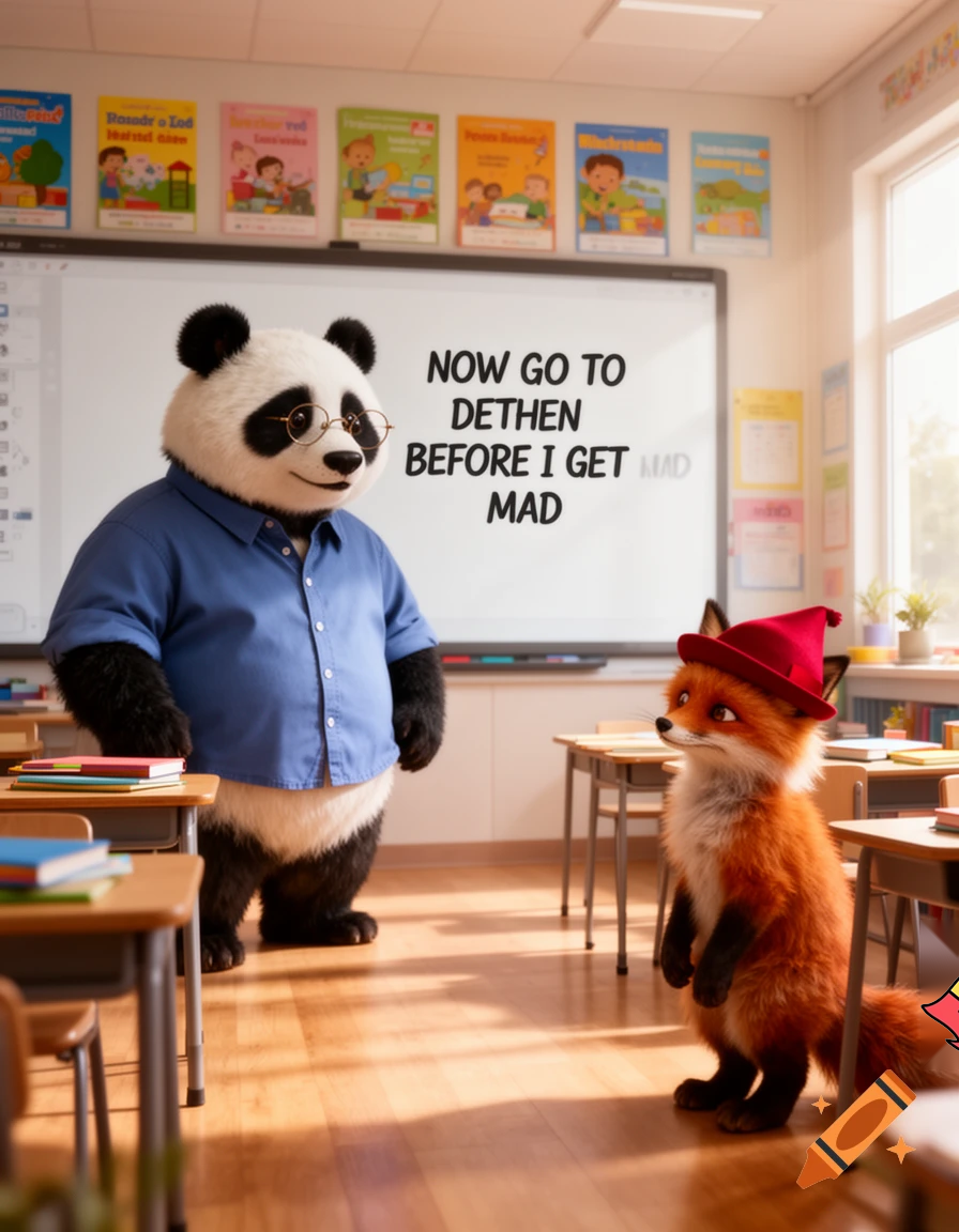 now go to dethen before i get mad said the panda teasher to th red fox with a red hat