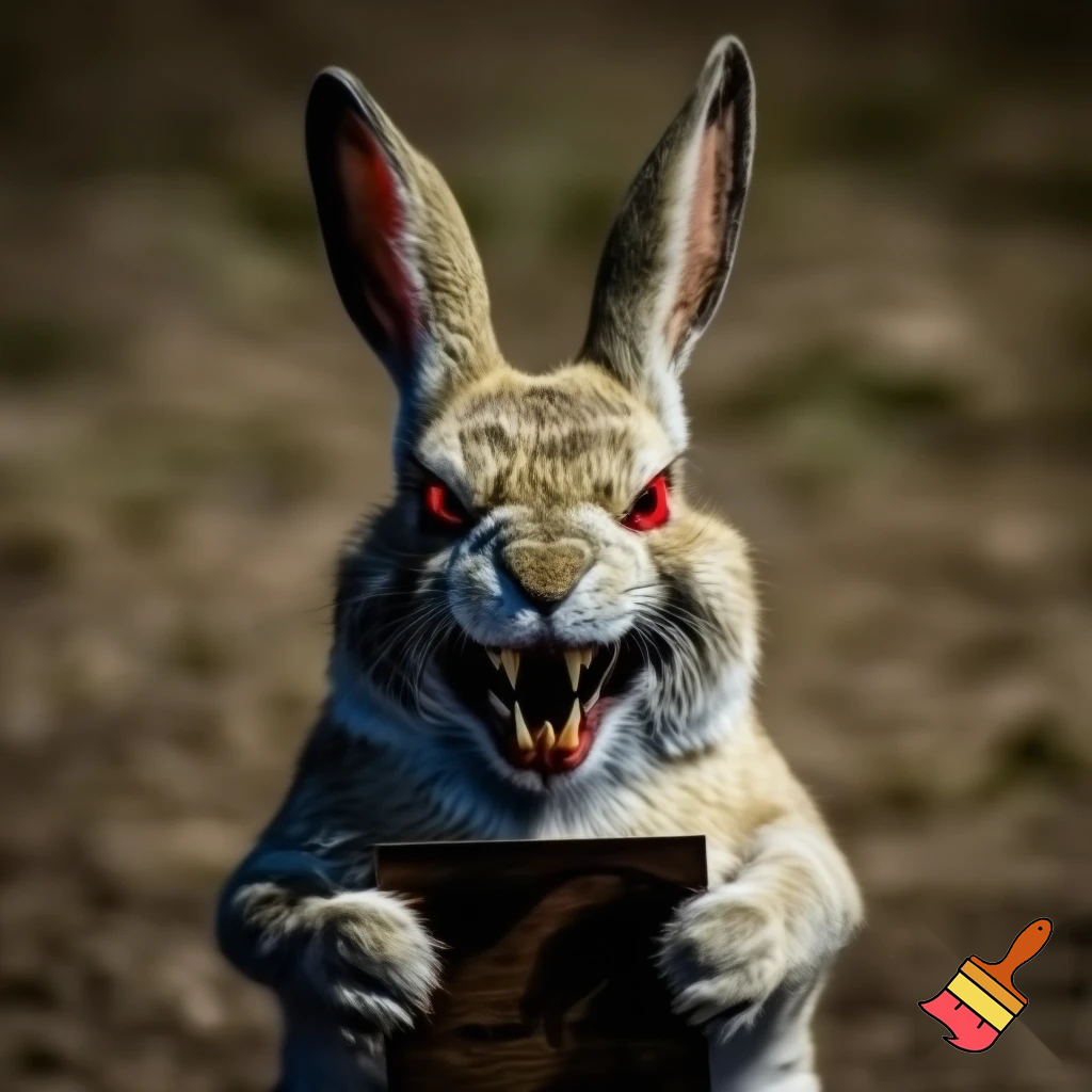 European rabbit, red glaring eyes, sharp teeth and fur, holding a sign, angry face, fighter smile