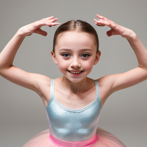 A 12 year old doing ballet (female) dark brown hair and Hazel/brownish eyes and singing too with pink clothes a beauty spot above the mouth and very light brown freckles dancing in ballet style 
