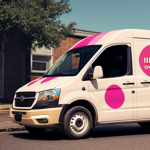 A white delivery van (side view) with full vehicle wrap design for "Тортик" bakery. On the side: large logo, the slogan "Сладость, объединяющая семью", phone number + website, and a playful graphic of scattered candy sprinkles in brown, cream and raspberry colors. The design is eye‑catching but clean, not cluttered. The van is parked on a sunny residential street. High resolution, realistic automotive mockup, bright daylight.