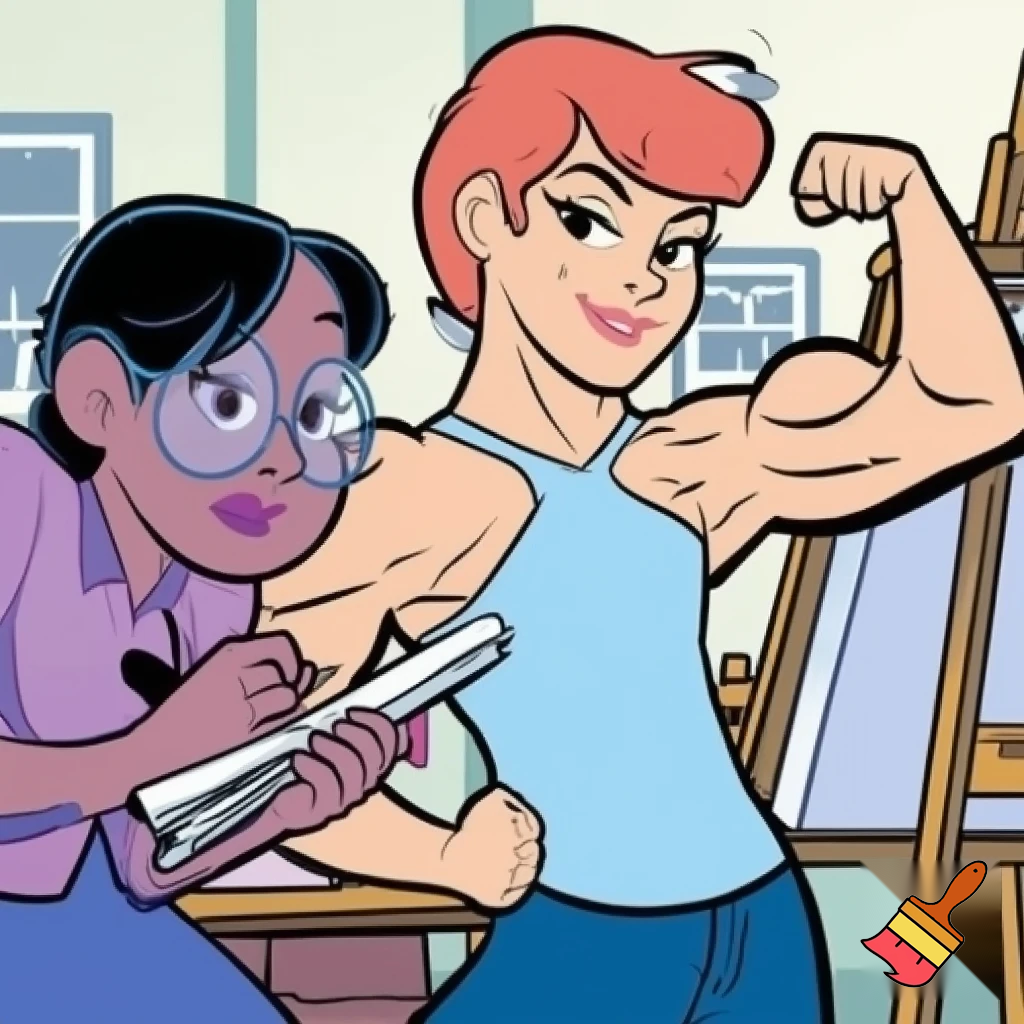 Luann Comic Strip: 19 year old Bernice Halper flexes her muscles while her bestie(Luann) draws her posing at her college art class: cartoon comic strip style