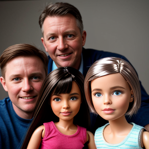 make a family photo of 3 with a 3 year old barbie and a 15 year old ken with there dad