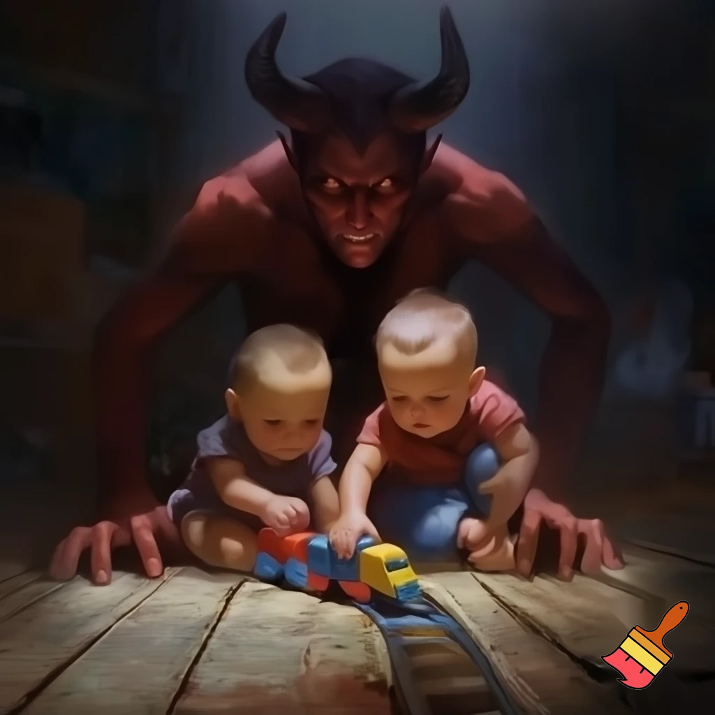 Male devil standing behind two kids