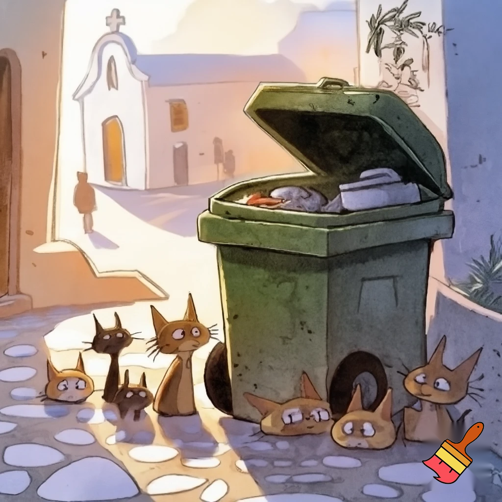 Cartoon-style scene in a small Greek neighborhood. A large green outdoor garbage container stands with its lid open. Inside the container, tossed away, are a couple of pet food bowls and a small water bowl. Around the container are several stray cats and kittens looking sad and thirsty, some sitting, some searching the ground. One or two kittens peek curiously into the container. In the background, a simple white Greek church with a cross on top, and a few distant people walking toward it, not facing the viewer. Early-day Mediterranean light, warm tones, gentle but emotional atmosphere. Style: soft cartoon, watercolor-like textures, subtle outlines, slightly heart-tugging mood. Cats bit skinny