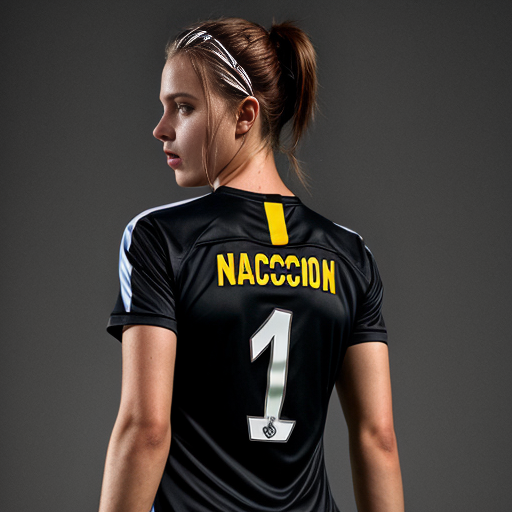young womans back in a mens black soccer jersey with the name Nicholson in gold on it