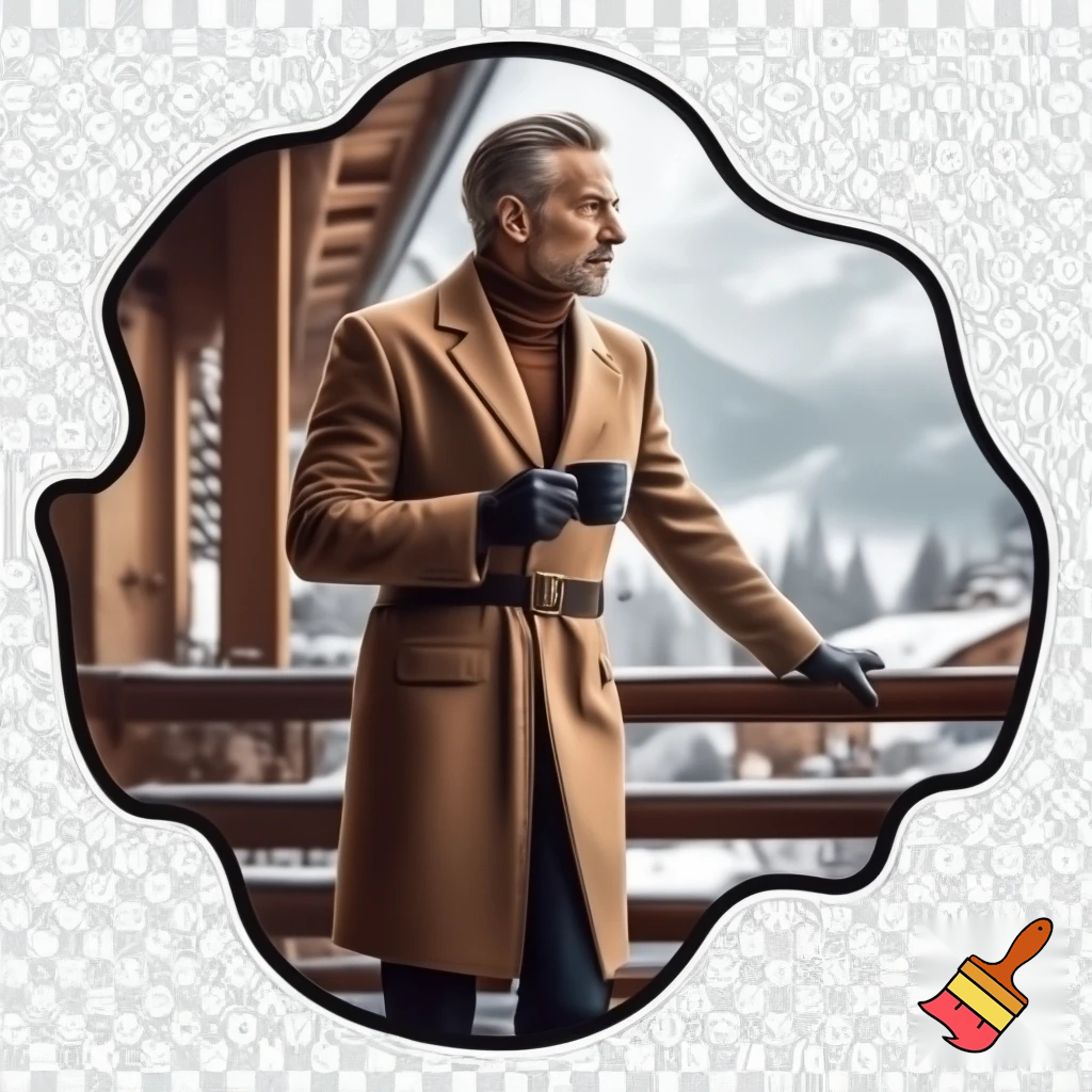 Round illustrated sticker with transparent background and elegant fluid border. A stylish sixty years old man stands on a wooden chalet-style balcony, surrounded by a snowy alpine landscape. He wears a tailored camel overcoat, brown turtleneck sweater, dark trousers, and black leather gloves. A belt with a metallic buckle cinches his waist. He holds a black cup and gazes into the distance with a contemplative expression. In the background: snow-covered trees and rooftops, misty mountains, and soft diffused light. The atmosphere is luxurious and serene. Text: “Buongiorno Brizio” 