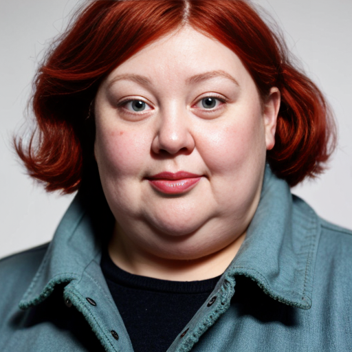 A fat lady that wears a green coat, has bulging ankles, dirty sneakers, loose fleshy cheeks, neck covered by fat, sparse red hair pinned back by a plastic barrette, tiny face features, and small blue eyes.