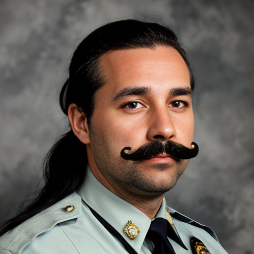 40 year old cop with long black hair tied down, a big black mustache with a gray streak in it, green eyes, and a mole on his cheek.