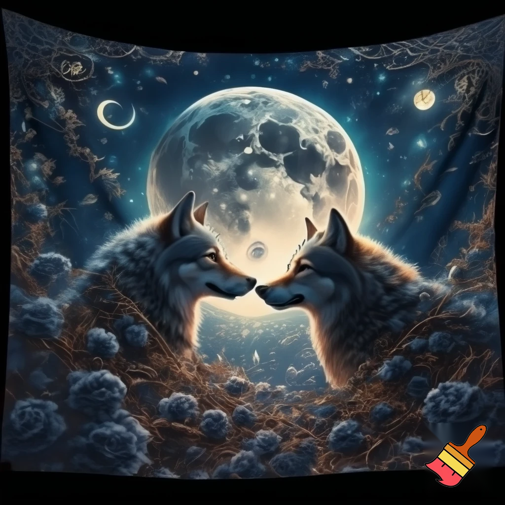 Mystical illustration for a 50x60 inch blanket. Two wolves face each other under a large glowing full moon, rendered in a detailed, dramatic style. Surround the scene with abundant roses, thorny vines, stars, and celestial symbols such as crescents, constellations, and mystical markings. The artwork should fill the entire canvas edge-to-edge with no borders or frames. Composition should feel magical, ethereal, powerful, and richly detailed, suitable for a high-quality blanket print on a solid black background.
