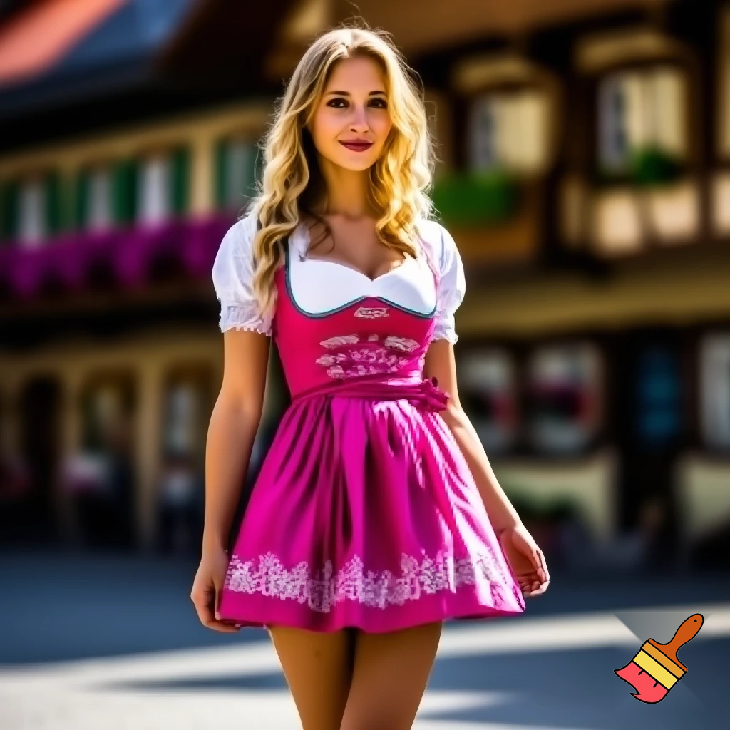 beautiful, blonde woman in a short,pink dirndl