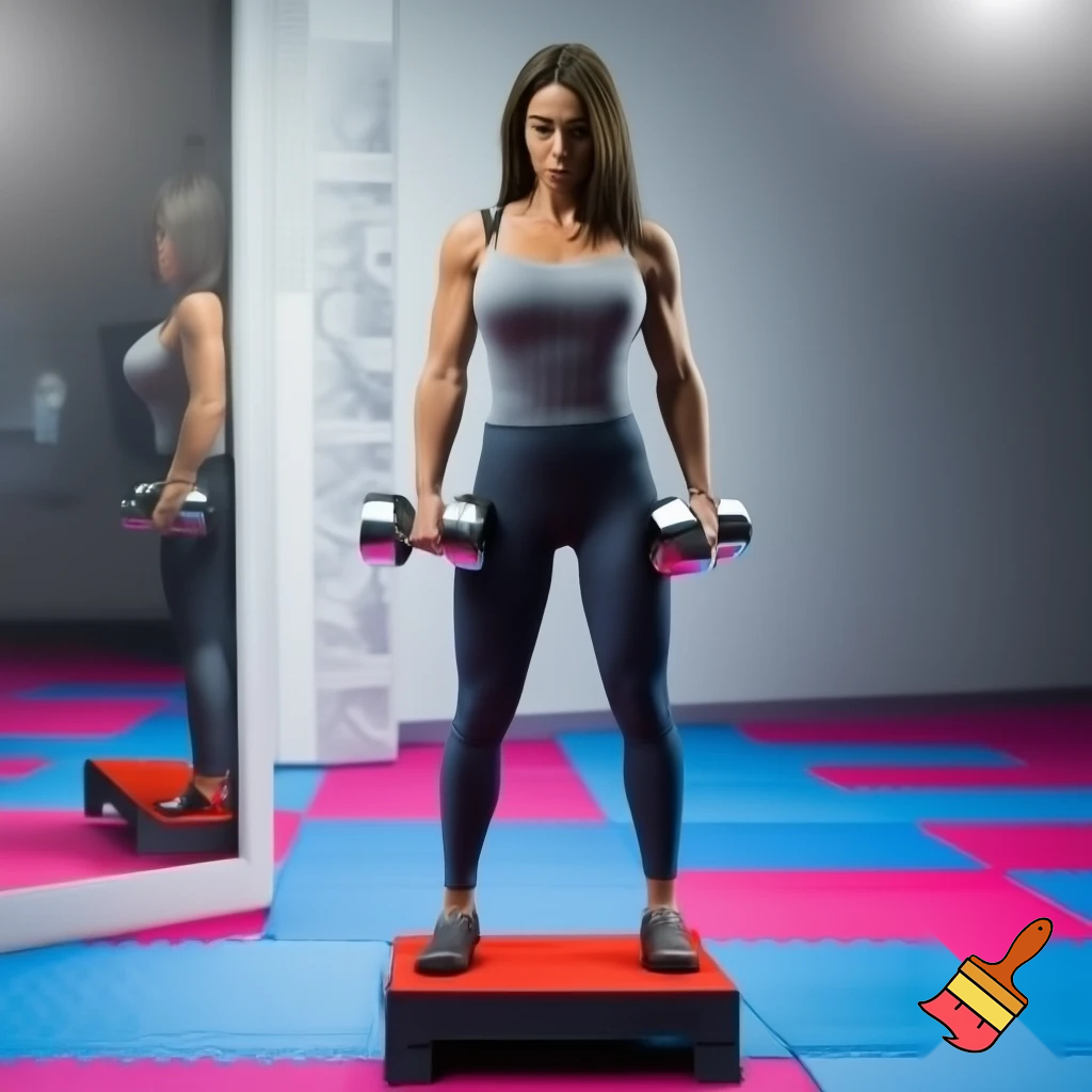 "A woman in athletic leggings holding dumbbells, standing in front of an exercise step. The floor is made of blue and pink tatami mats. On one side of the room, there’s a large mirror reflecting the scene. The gym has a clean, modern vibe, with well-lit space and a motivating atmosphere."
