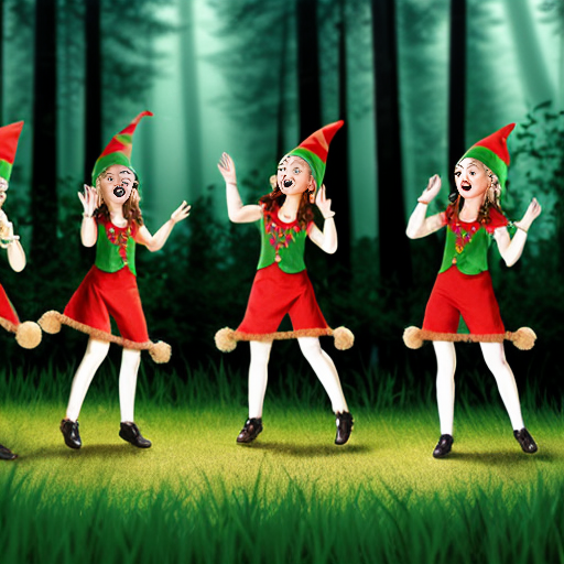 Create five elves singing and dancing in the middle of the forest