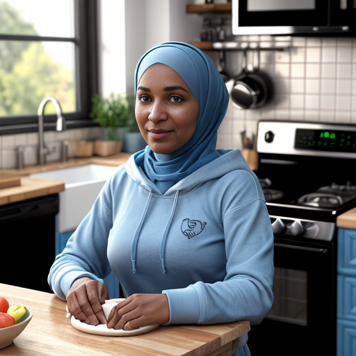 Pixar-style 3D cartoon, bright friendly colors, indoor kitchen scene. Muslim mother, 35-40 years old, fully covered in light blue dress, cooking on the stove. Her son, 20 years old, wearing a blue hoodie and black jeans, short Muslim hairstyle, sitting at the table. Warm lighting, cozy atmosphere, detailed kitchen, natural composition.