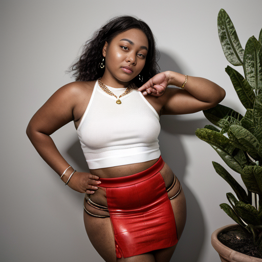 
Scene: A minimalist urban setting with potted plants.
Mood: Provocative and confident.
Expression: Dressed in a red sleeveless deep crop top and long red slit skirt, showcasing her thick thigh with a gold waist chain, the woman poses with one leg raised. She looks directly at the camera with a bold, self-assured gaze. Normal fit curvy girl 