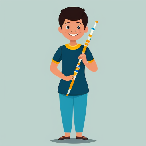 Krishna, a young boy, with his flute, standing happily with a bright smile.