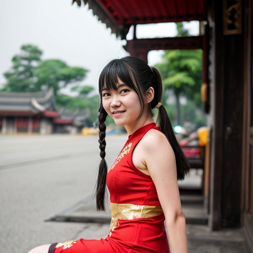 Anime style short woman from indochina, she wears a short red dress with gold embroidery, she has her bkue-black hair up in either 2 buns or 2 ponytails. She has a determined look on her face. We view her from a few steps away face-on. She is crouched forward looking like she has just finished a backflip.