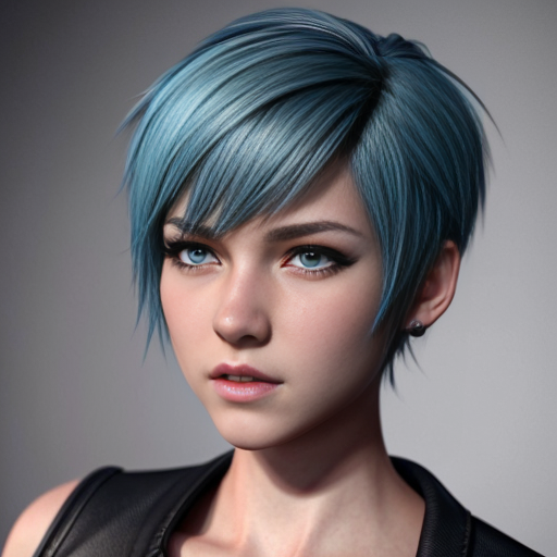 Simple anime cartoon style. Female. Short azure blue hair in an extremely short Spikey pixie cut. Blue eyes. Head shot.