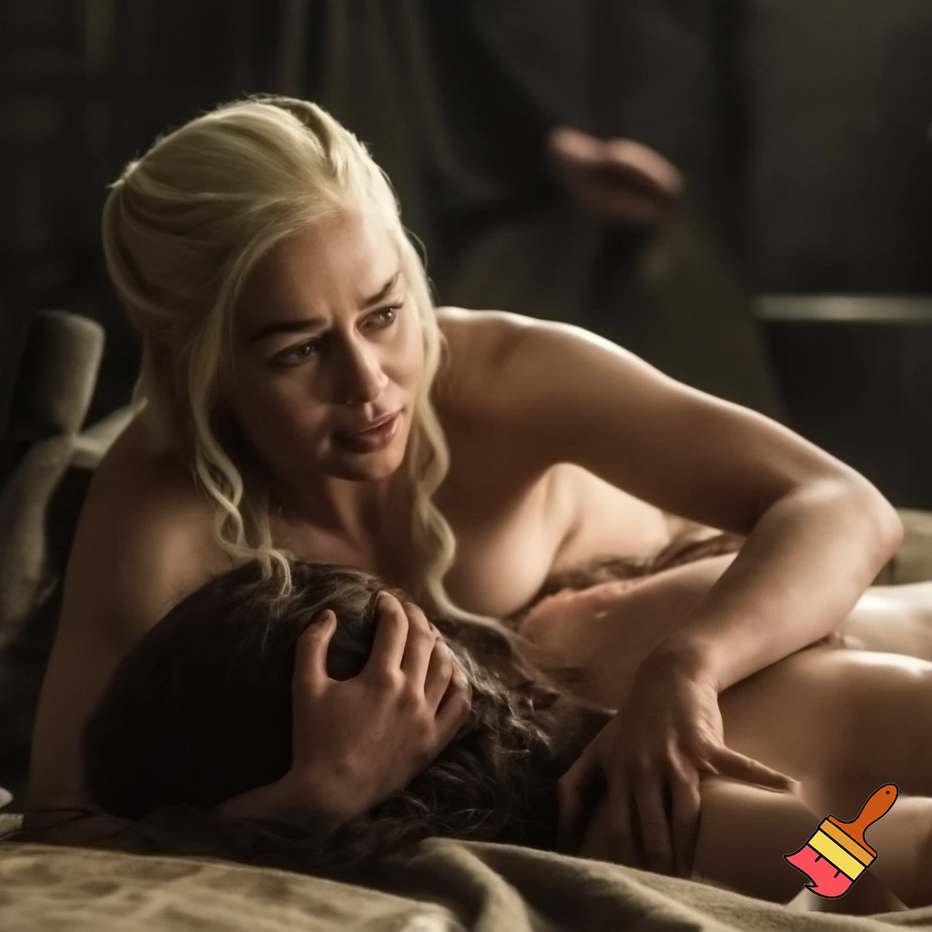 Daenerys Targaryen and Cersei Lannister wrestling on the bed , Cersei Lannister is under Daenerys and losing. Both are naked and all sweaty 
