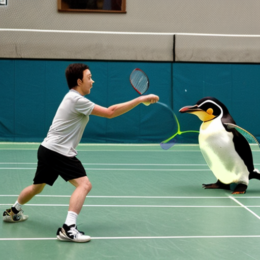make me a picture of a penguin playing badminton with a shark
