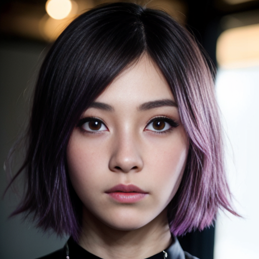 masterpiece, 8K ultra-detailed, corrupted Keqing from Genshin Impact, close-up portrait, light purple short hair, glowing magenta eyes with intricate pupils, glowing lightning veins on forehead and cheeks, pale skin with soft purple hue, dark black intricate outfit with blue gem inlays, dramatic dark purple and orange glowing background, cinematic lighting, soft volumetric light, realistic anime style, delicate facial features, high contrast, sharp focus