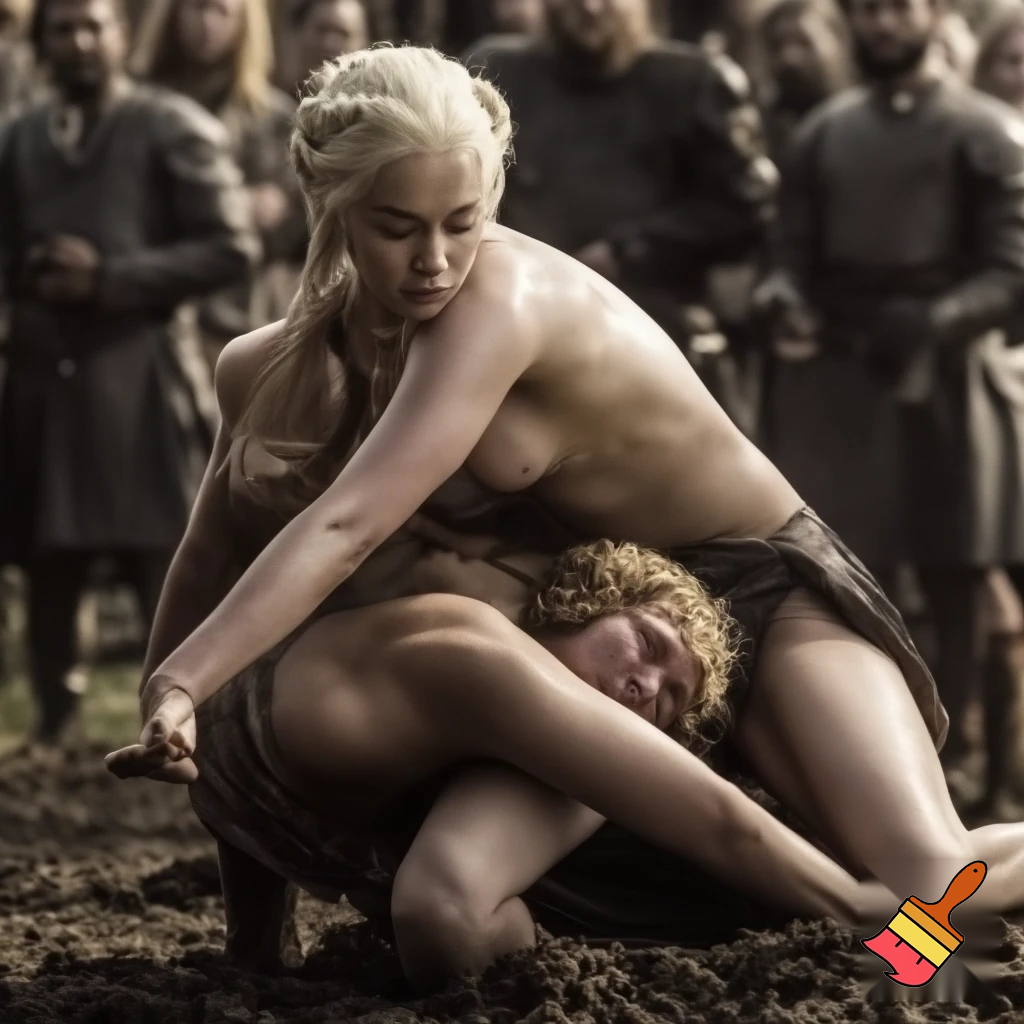 Daenerys Targaryen and Cersei Lannister wrestling in a camp , Cersei Lannister is under Daenerys and losing. Both are naked and all sweaty 
