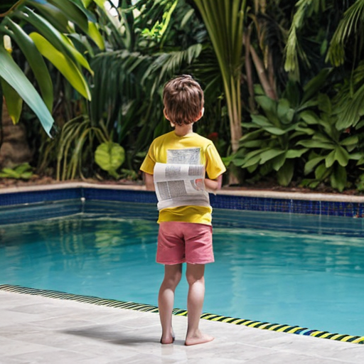 A serious cartoon child in a yellow shirt and pink shorts stands barefoot by a swimming pool, reading a paper, surrounded by tropical plants.