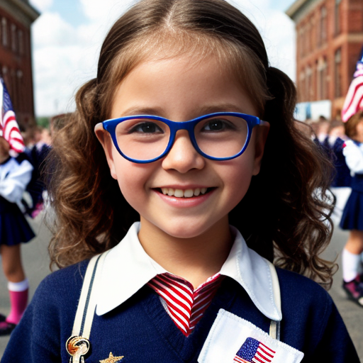Cute adorable niña Chilindrina glasses con hair lazo curly Blonde con sailor uniforme escolar con zapatos negros escolar con calcetines blancos con Estados Unidos América bandera con desfile con ciudad 4
