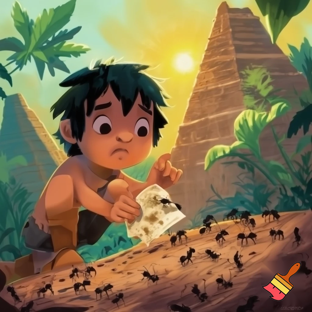 an Aztec boy playing eating ants out of an ant hill and putting them on a tortilla.
