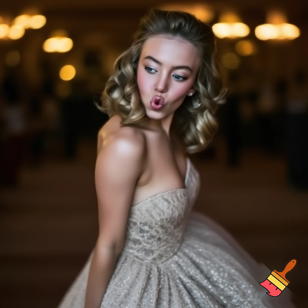 Sydney Sweeney kissy face in a prom dres