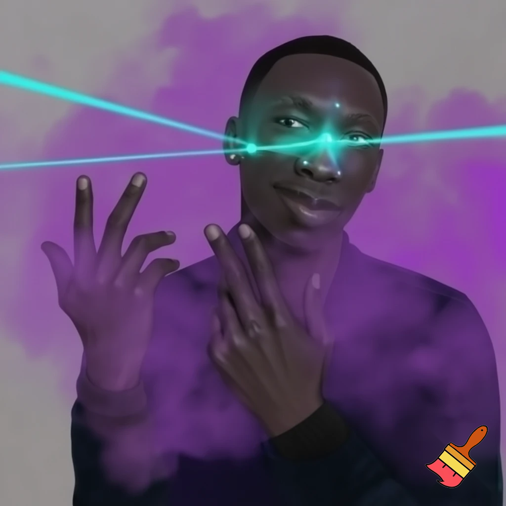 Make the khaby lame mechanism with 6 7 on his hands, then make lasers shoot out of his eyes and have a purple haze around him