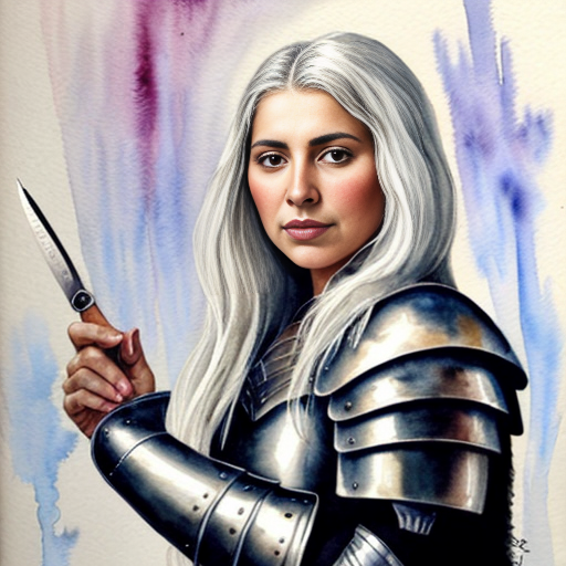 young, tall, white-haired woman in armor is sad because a Turkish man stole her knife.
