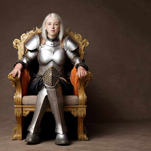 young tall white-haired woman in armor sits on a throne