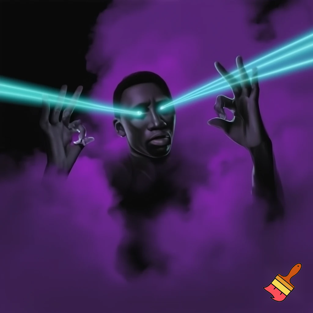 Make the khaby lame mechanism with 6 7 on his hands, then make lasers shoot out of his eyes and have a purple haze around him