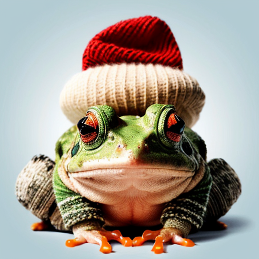 A laughable, puzzled animal toad in woolen, multicoloured winter clothings with woolen winter cap. Hyperrealistic style.