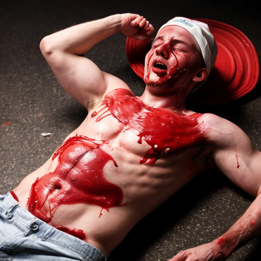 Lifeless man body (18-years old) with red cap on floor, shirt pull into shirtless, blood and organs exposed ribs on center chest, both eyes closed, mouth bleeding blood. 