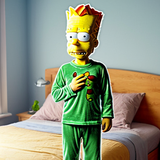 Bart Simpson in warm green pajamas win a bedroom Simpsons style 