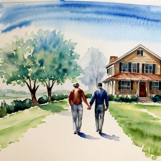 2 men walking near a house