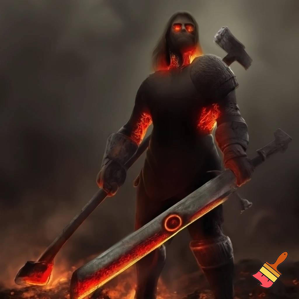 Dark fantasy album cover, no cape. 
Lucen Vor, human warrior fused with inner fire, full-body 3/4 stance. 
Weapons visible: 
- Solvaeris (long ashfire sword, dark steel with inner ember veins) in right hand, tip down; 
- Esvanyr (heavy iron gauntlets with glowing runes) on both hands; 
- Finitar (brutal two-handed execution axe) across the back, head visible over shoulder; 
- Ygnyrion (incandescent ring blade / heavy chakram ~70cm, serrated outer rim, inner rune core, internal grip) in left hand, tilted as if about to throw; 
Infernal battlefield, falling ash, embers, smoke. 
Dramatic rimlight red/amber, subtle grey-steel fill, slightly clearer silhouette to read all weapons. 
No cape. No bloom. Not cartoon. Gritty, brutal, realistic texture.