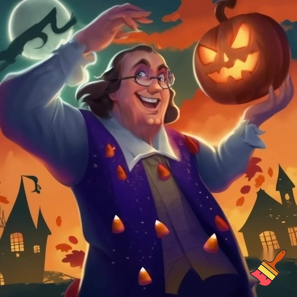 reate a fun image of Benjamin Franklin during Halloween